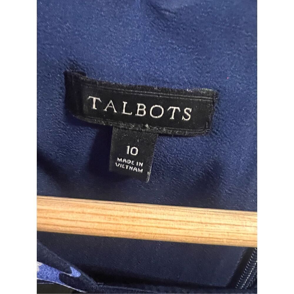 Talbots Women's 10 Scalloped Neck Shift Dress Blue Black Floral 3/4 Bow Sleeves - Picture 10 of 11
